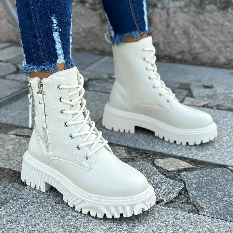 Winter 2025 Mid Heels Ankle Boots for Women Lace Up Motorcycle Woman Plus Size Shoes Thick Warm Long Plush Women's Short Booties