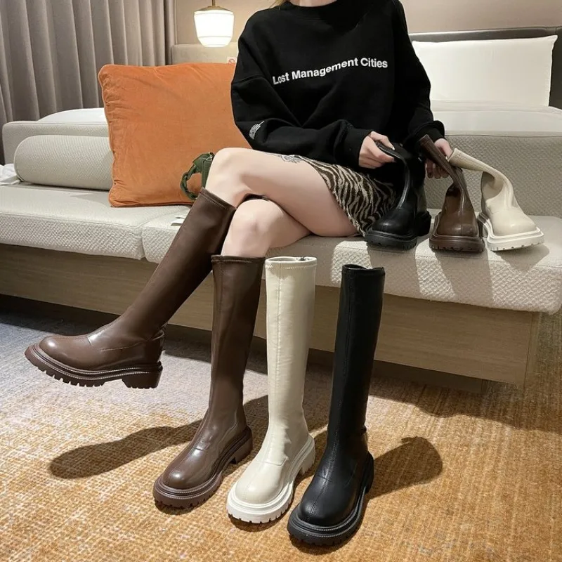 2024 Autumn Winter Women Long Boots PU Leather Ladies Zipper Knight Flats Heel Boots Fashion Non Slip High Heel Knee-high Boots