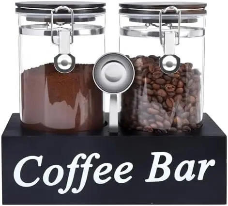 

Стеклянные банки для кофе WYTAOHZL, 2 шт., 54 унции, с подставкой и ложкой – герметичное хранение для кофейных зерен, сахара, орехов
