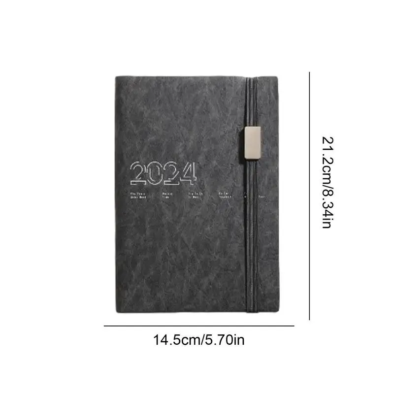 PU Leather Calendário Planner Notebook, Organizador de papel grosso, para fazer lista livro, 8x5 ", 2024, 2024