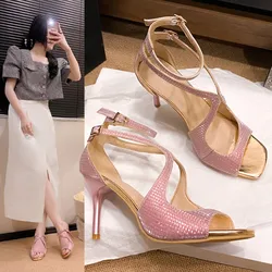 Designer Sandals for Women 2024 New Pink Women's High Heel Sandals Elegant Simple Dress Shoes Summer Stylish Slingback Sandals