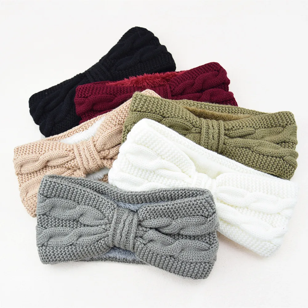 

New Double Twists Fuzzy Fleece Lined Headbands for Woman Bow Warm Hairband Elastic Sports Yoga Girls Hair Band Hair Accessories
