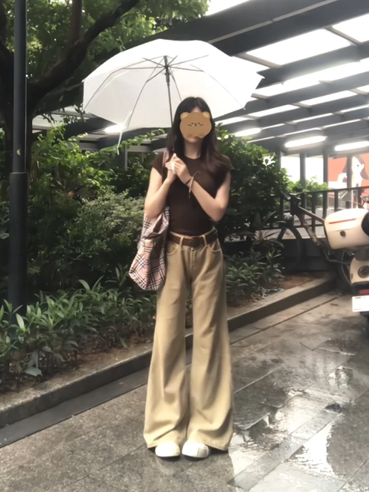 

Американские расклешенные джинсы цвета хаки в стиле ретро, женские летние новые популярные девушки с низкой талией, свободные прямые широкие брюки, повседневные брюки с высокой талией на молнии