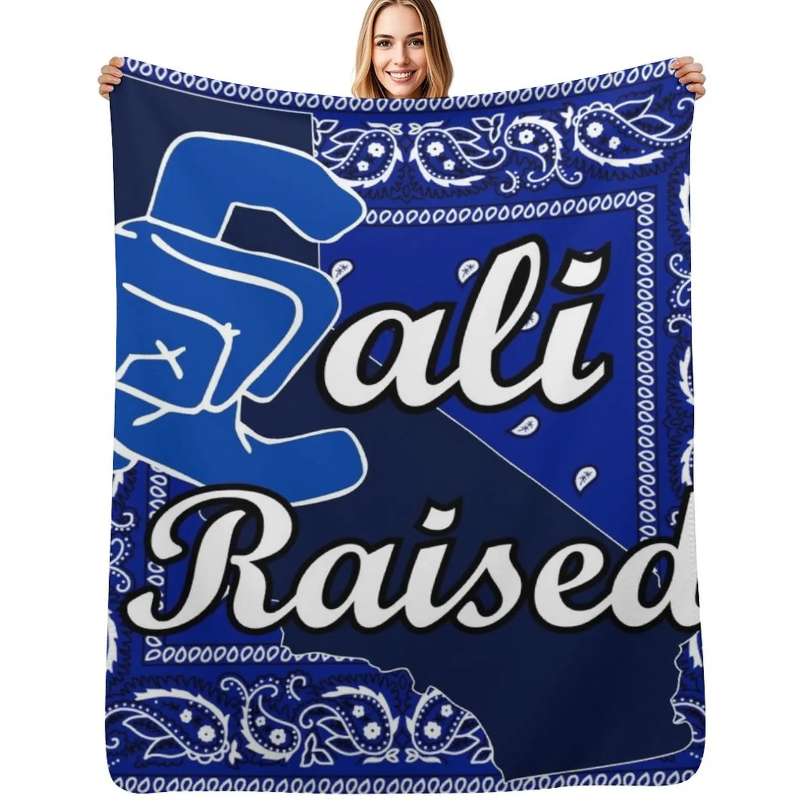 

Cali Raised Blue Bandana Throw Blanket Machine Washable Soft Warm Blanket