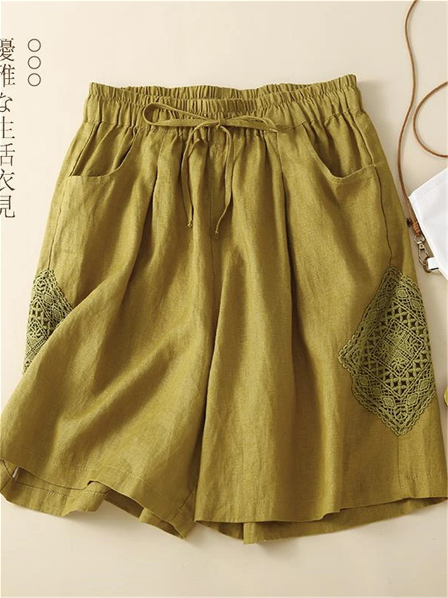 Women's Cotton Linen Short Pants Hollow out Hook Flower Design Elastic Waist Belted Casual High Waist Wide Leg Five-Quarter L...