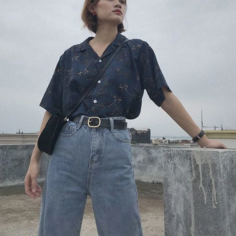 Summer Woman Clothes Retro Blue Japan Style Floral Chic Top Short Sleeve Shirt Elegant Fashion Sweet Youth Lively Casual Trend