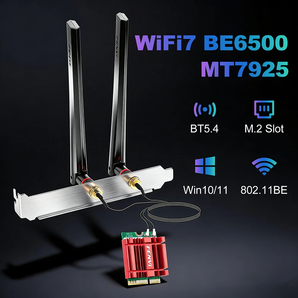 

Wi-Fi адаптер FENVI WiFi 7 MT7925 M.2 для Bluetooth 5.4, 6500 Мбит/с, трехдиапазонный (2.4G/5G/6Ghz), беспроводная сетевая карта Wi-Fi 7 для Win10/11
