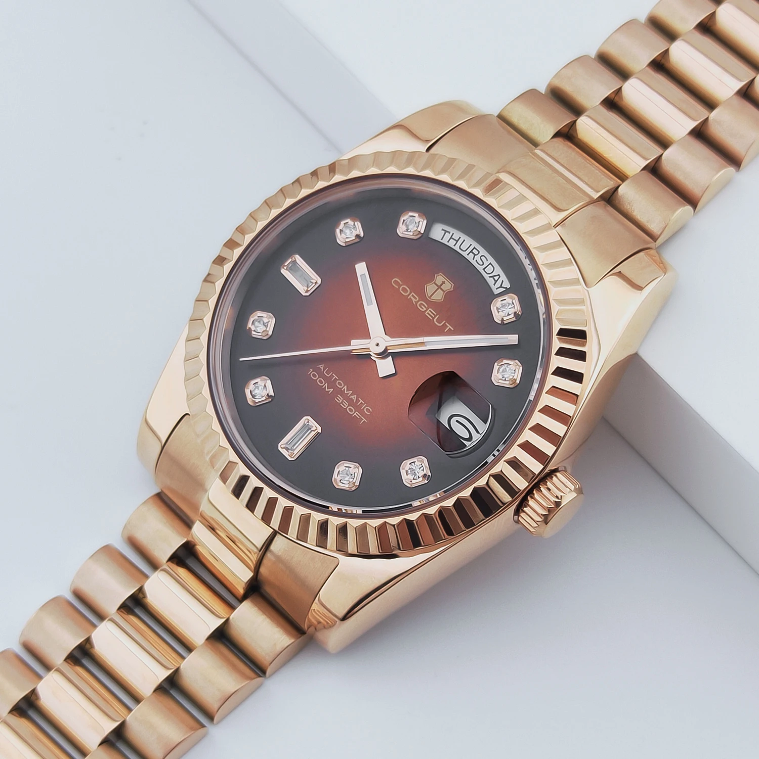 Corgeut 39mm Męski Zegarek Automatyczny Złoty Relogio Masculino nh36 Mechaniczny Szafirowy Biało-Różowa Tarcza Stalowa Bransoleta Zegarek Męski