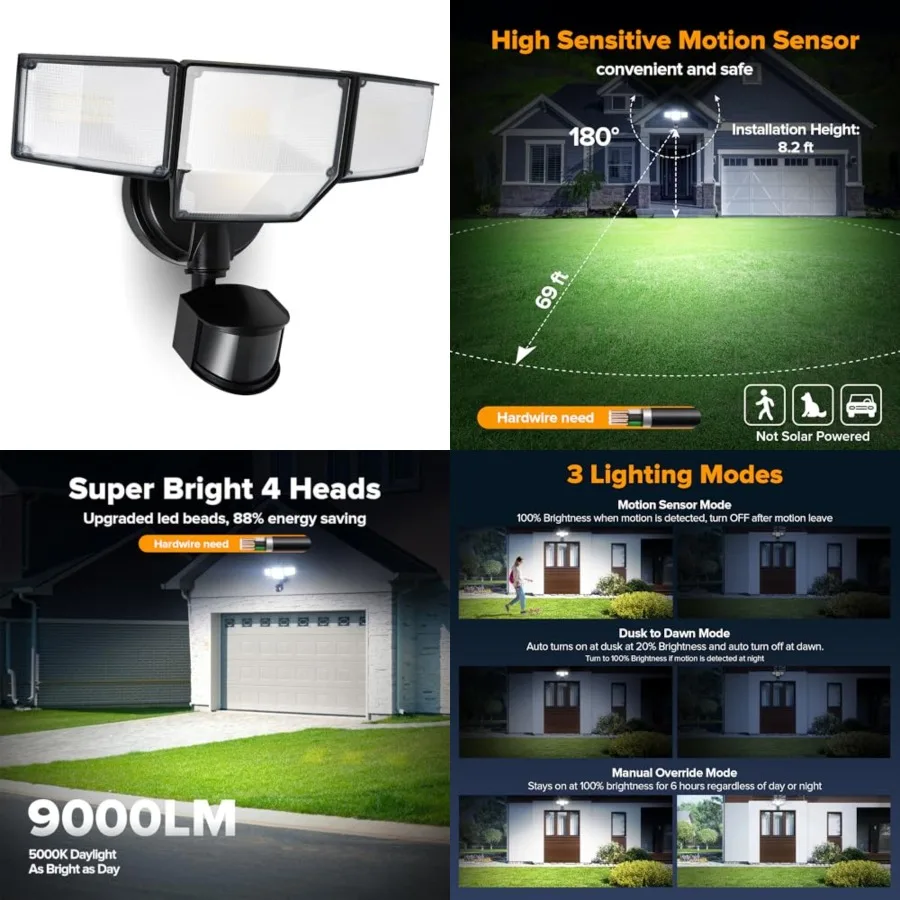 

80W 9000LM LED Security Light Hardwire Motion Sensor Outdoor Lights, 4 Head LED Flood Lights Outdoor 5000K Daylight, IP65 Water