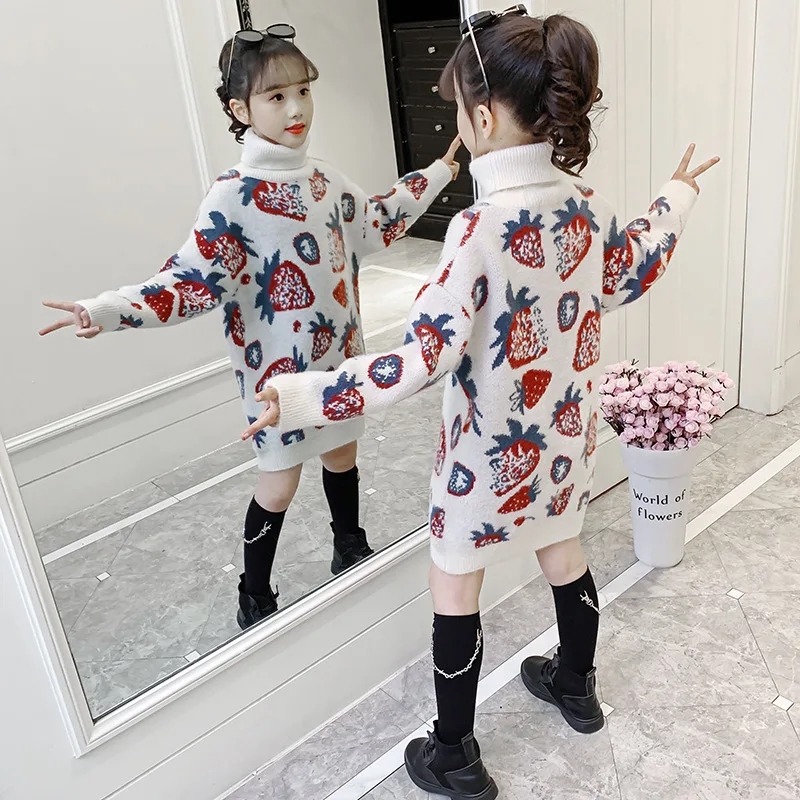 

Children Girl Sweater Dress Autumn Winter School Girl Strawberry Full Print Turtleneck Sweater Junior Girl Thicken Warm Pullover