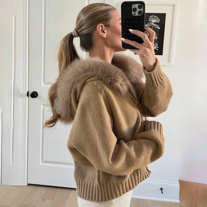 TARUXY Women Hooded Knit Cardigan Sweater Coat Fluffy Faux Fur Collar Two Way Zip Solid  Loose Casual Jacket 2026 Autumn Winter