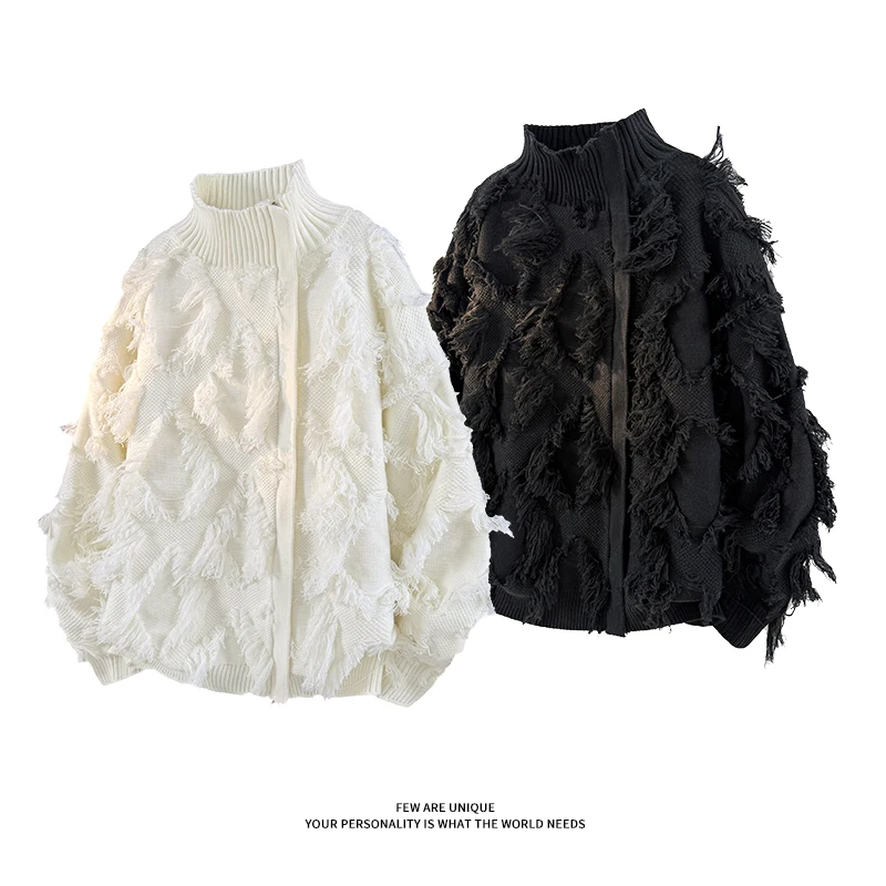 Men's Streetwear Fringe Distressed Knitted Cardigan High Neck Zip Up Oversize Loose Sweater Autumn Winter Couple Tops