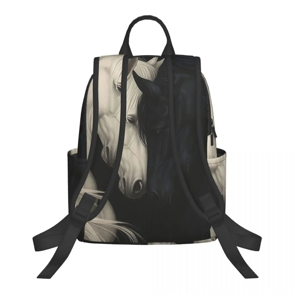 White Horse And Black Horse Art Student Backpack School Bag Hiking Travel Daypack for Boys Girls Bookbag Shoulder Bags