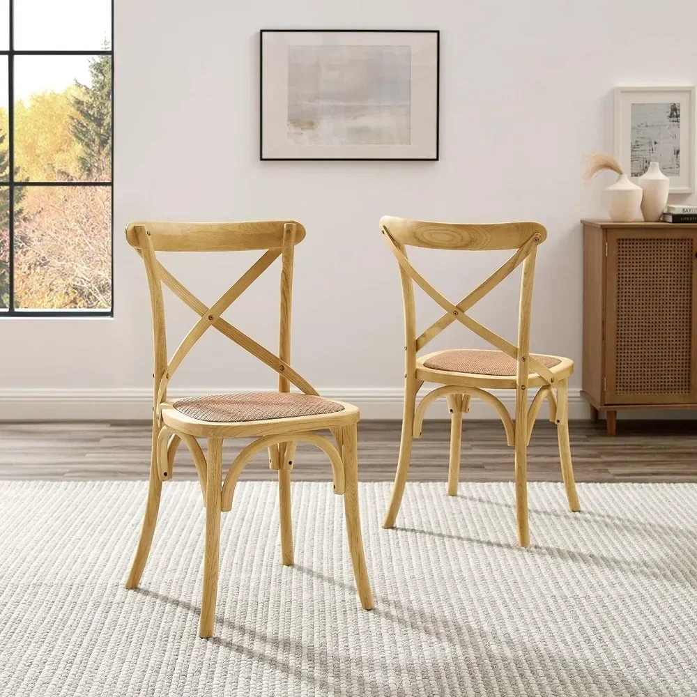 Gear Rustic Modern Farmhouse Elm Wood Rattan Two Dining Chairs in Natural