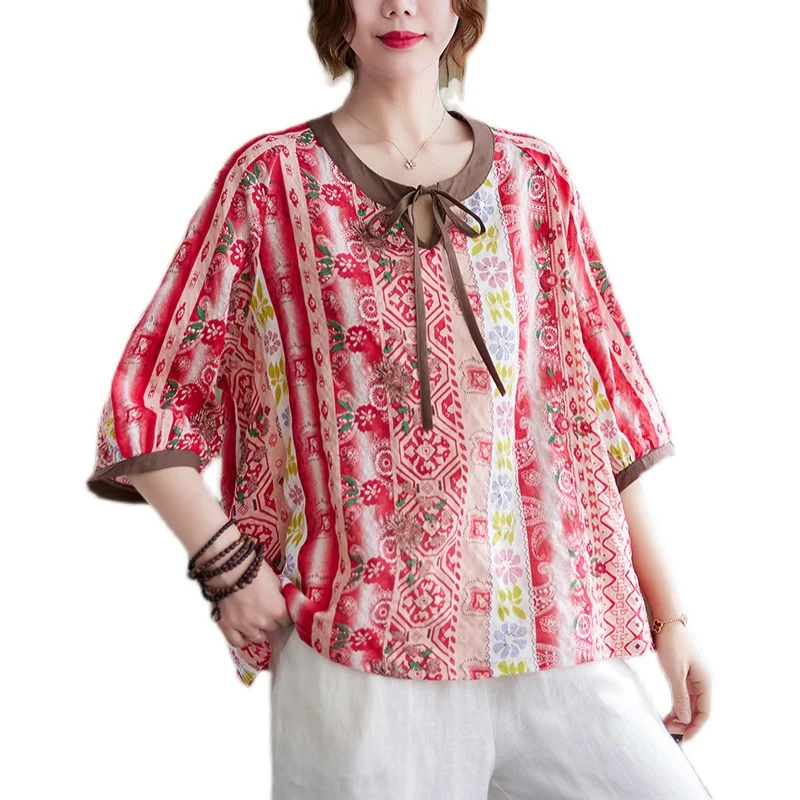 Color Blo Algodón Lino Estampado irt Tamaño grande Mujer redondo Ne Tie Five Sve Top de lino con dobladillo asimétrico
