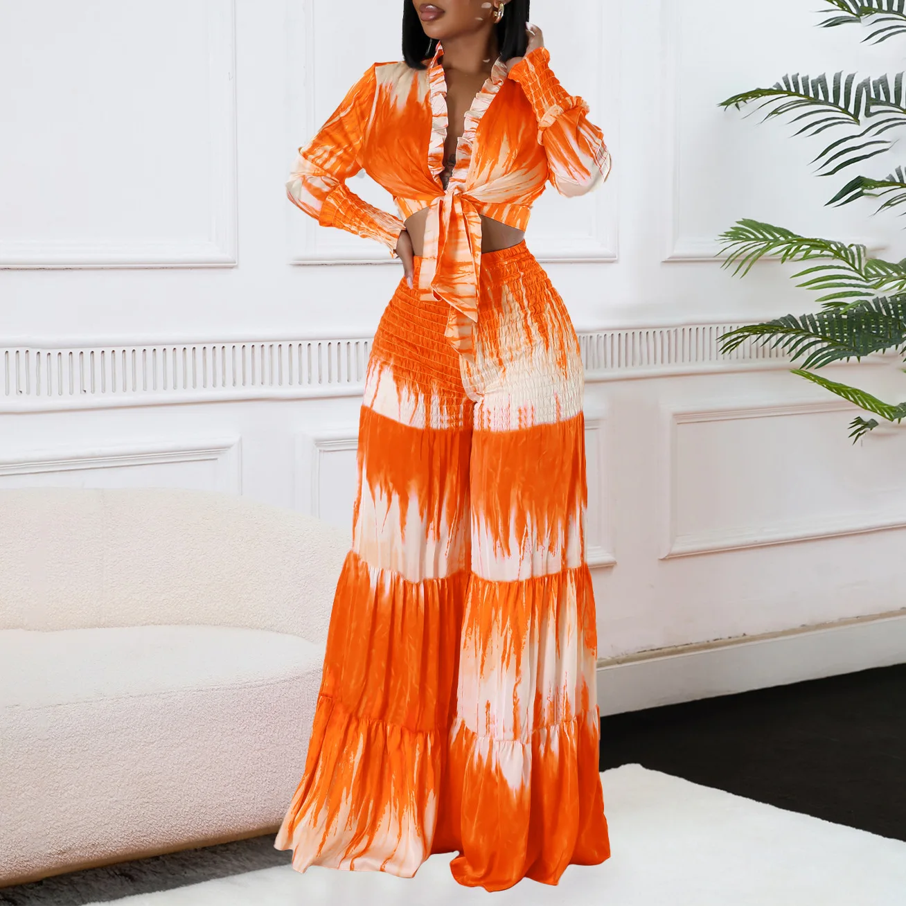 

Sexy Ruffles Shirt And Wide Leg Pants Two Piece Sets Women Fashion Long Sleeve Print Shirts Suit Spring High Waist Pants Outfits