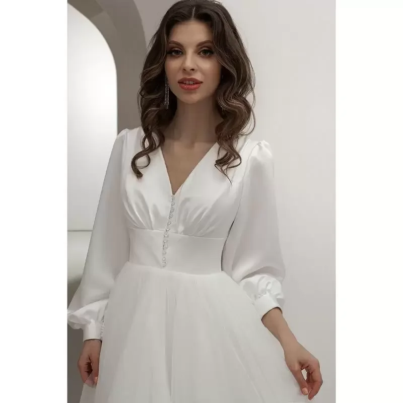 Marfim cetim tule vestidos de dama de honra com decote em v mangas compridas curto chá comprimento a linha vestidos de casamento 2022 vestidos de noiva melhor