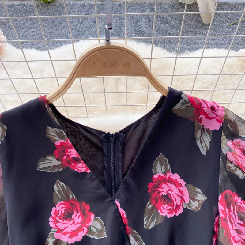 Vintage chiffon print Elegant V-neck Dress ruffle Casual High Waist Women Summer Mermaid sweet dresses