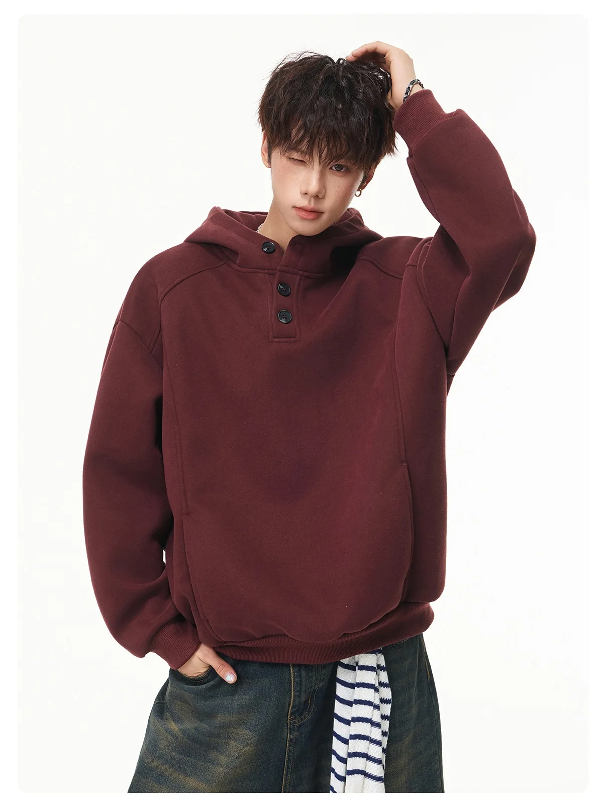 Autumn Winter New Button Half High Neck Hoodie for Men Korean Fashion Harajuku Simple Solid Men's Casual Loose Hooded Sweatshirt
