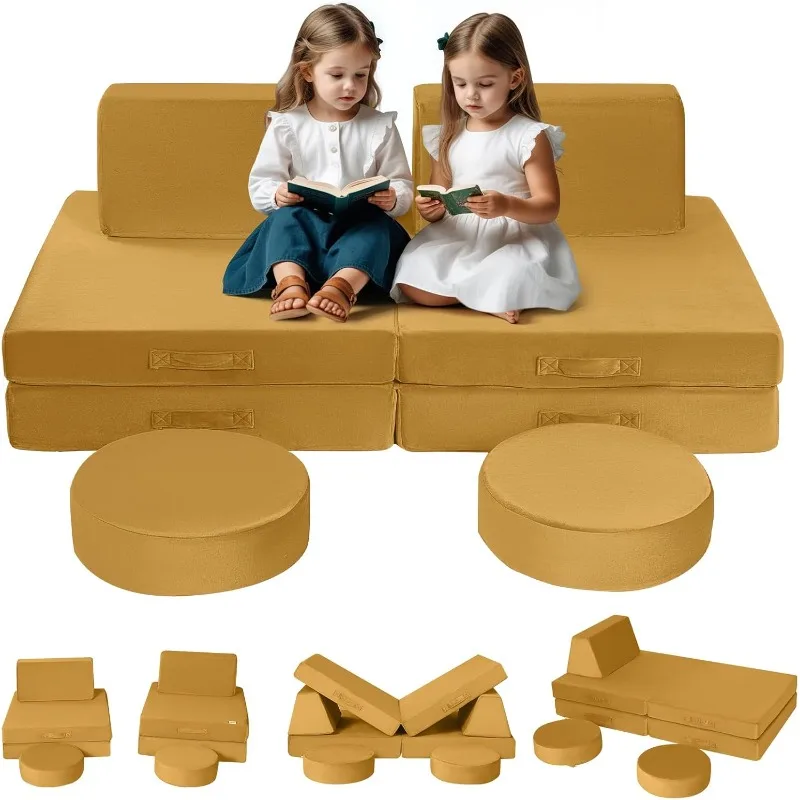 Kids Couch Sofa Modular Toddler for Playroom, 8-Piece Fold Out Baby Play Set, Children Convertible Sofa Foam Couch