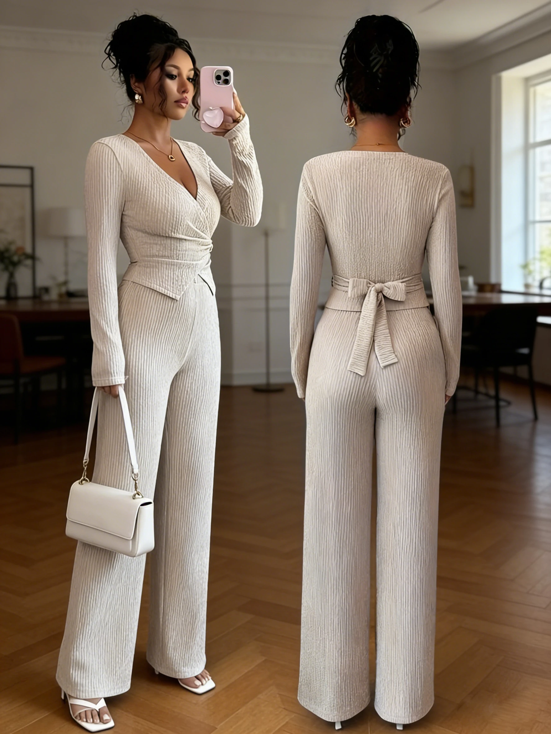 Women's long-sleeved top with trousers suit, casual style, autumn and winter style, solid color design, long-sleeved design with