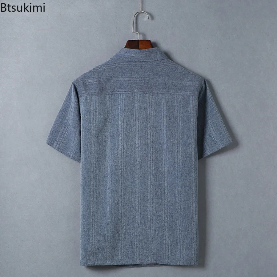 Summer Middle-aged and Elderly Men Clothing Business Casual Short Sleeve Lapel Button Shirts Vintage Cotton Linen Shirts for Men