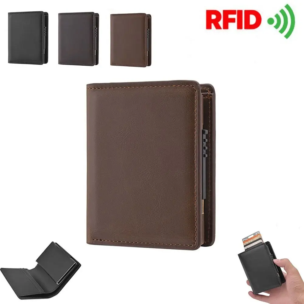 Dompet Pendek Pria Anti Maling RFID Tas Clutch Bisnis Warna Polos Kulit PU Tas Kartu PU Kapasitas Besar Tahan Air Pria
