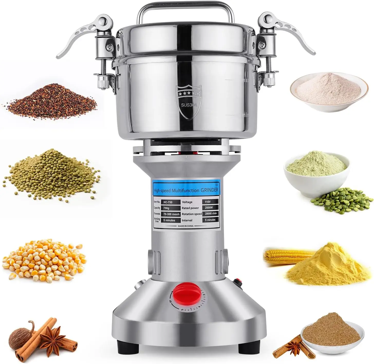 

2000W High-Speed Electric Grain Mill Grinder, 750g Stainless Steel for Grains, Coffee, Spices - Easy Kitchen Use