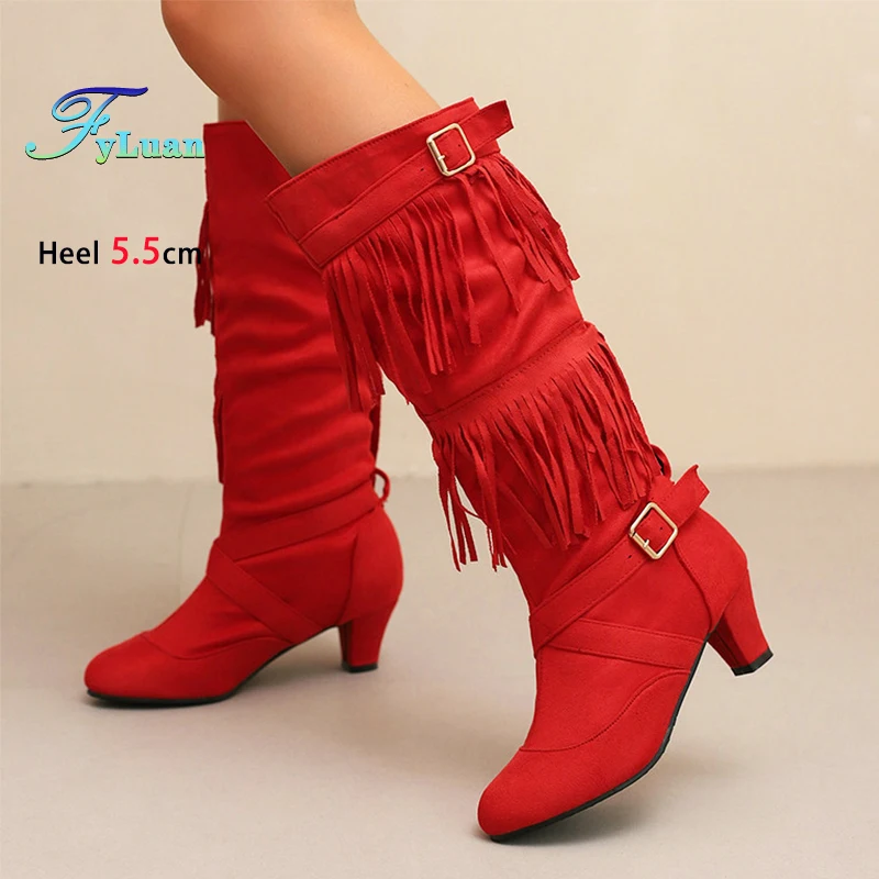 

Большие размеры 35–45, ботинки с кисточками, красные зимние ботинки из искусственной замши на высоком каблуке 5,5 см, женские длинные туфли с круглым носком и пряжкой на ремне Botas Mujer