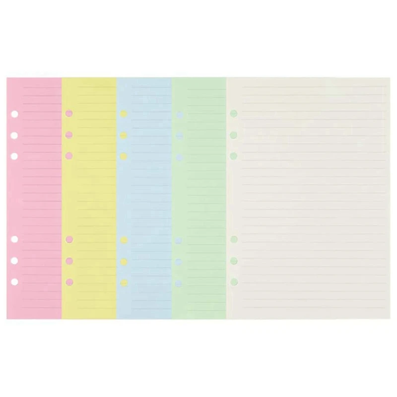 A5 Colorful 6-Hole Punched Ruled Refills Inserts For Organizer Binder, 5-Color Loose Leaf Planner Filler Paper,100Sheets