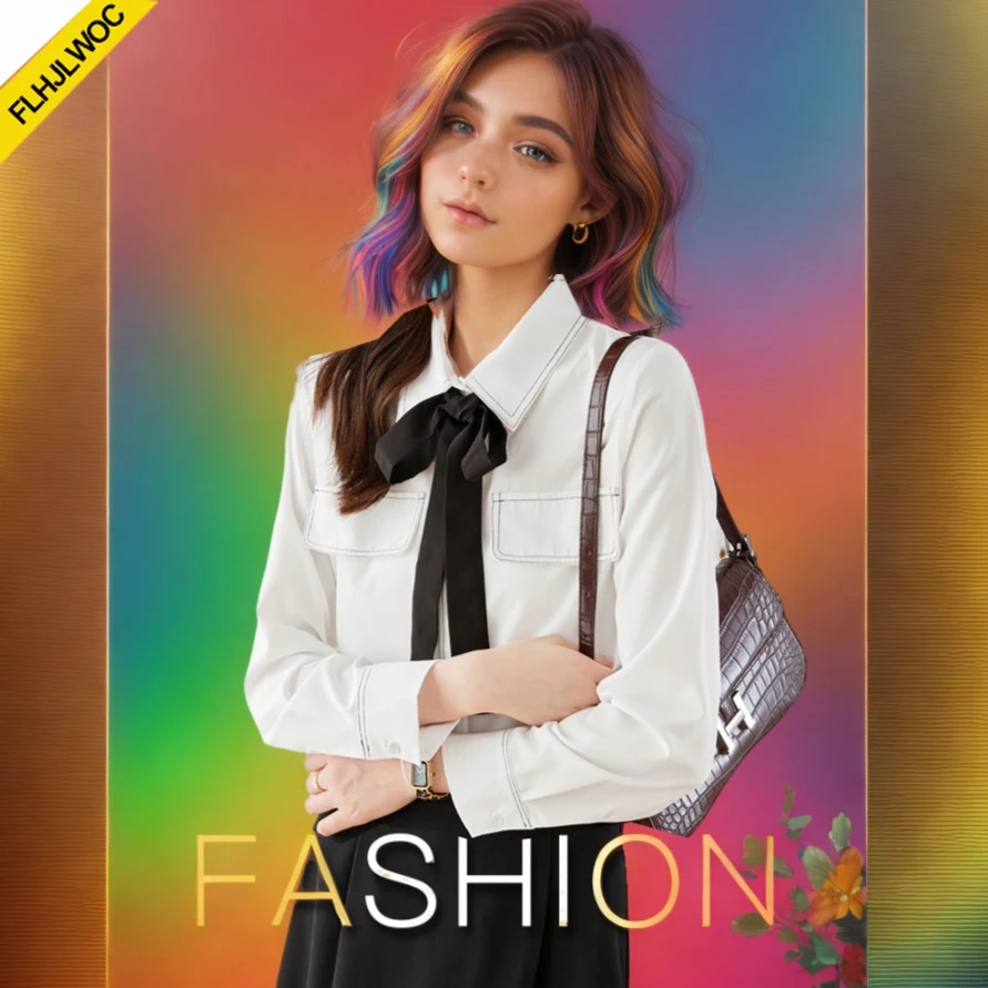 

Womens Basic Office Lady Work Wear Chic Korea Fashion Pockets Cute Bow Tie Top Single Breasted Button Solid White Shirts Blouses