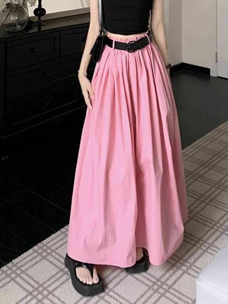 Verão novo rosa a linha saia feminina elástica cintura alta escondendo emagrecimento versátil saia coreano sle saia longa