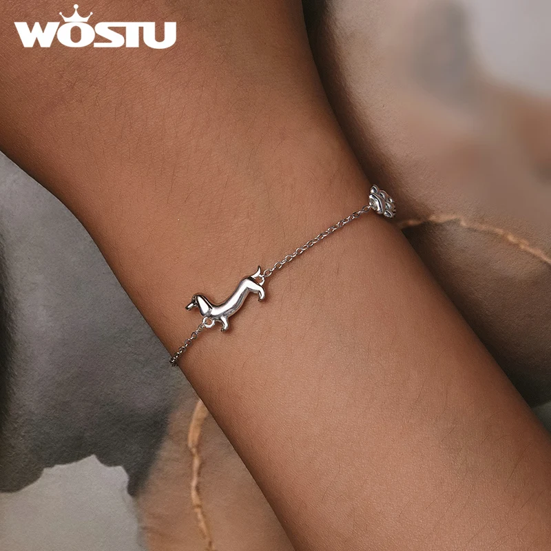 WOSTU 925 Sterling Silver Dachshund Dog Bracelet cute paw design  print Chain For Women Girl Fine Jewelry Party Birthday Gift