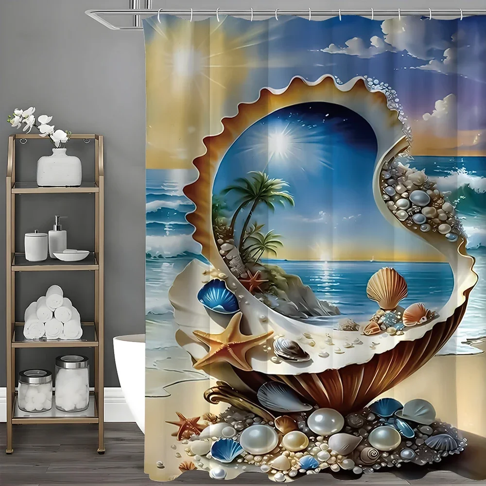 

Занавеска для душа в виде ракушки, океана, пляжа, цветы и растения, занавеска для душа, украшение для ванной комнаты, водонепроницаемая занавеска для душа с крючком