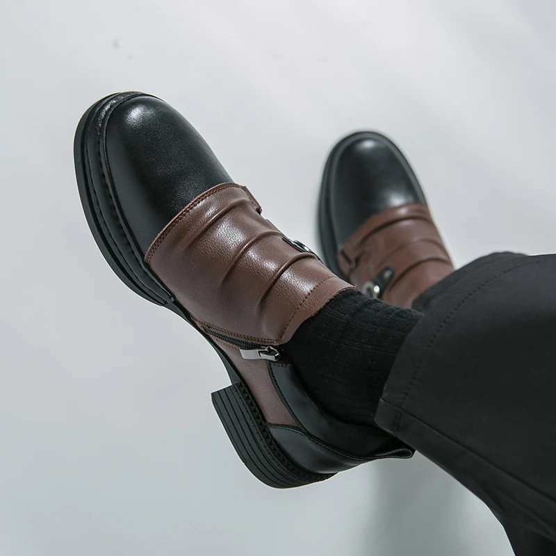 Men Derby Shoes Side Zipper British Retro Color-splashed Stylish Business Leather Shoes Thick Sole with Anti-slip Properties