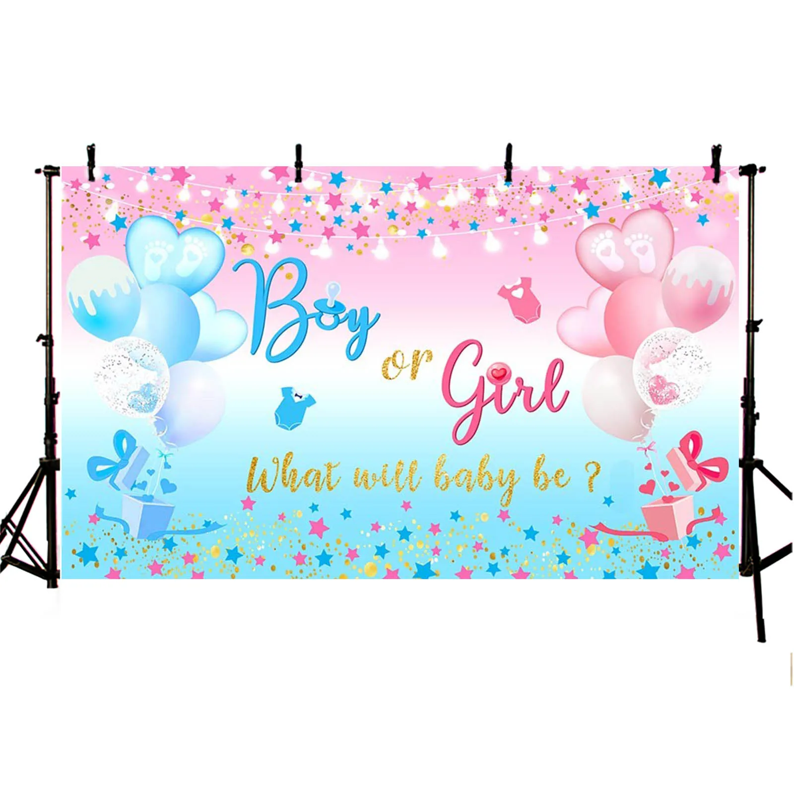 Watercolor Blue or Pink Gender Reveal Backdrop Little Star Twinkle Balloons Bear Boy or Girl Baby Shower Party Decor Background