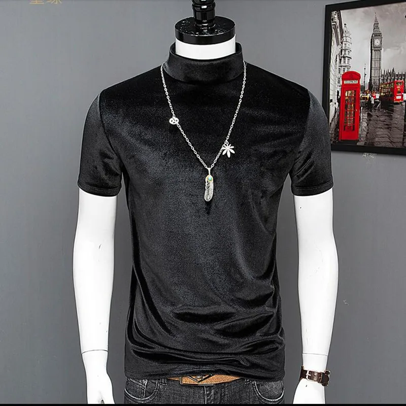 Korean Fashion Men Short Sleeve velour T Shirts plus size Hip Hop tops Tees Fitness Turtleneck velvet Tshirt 6XL 7XL clothing