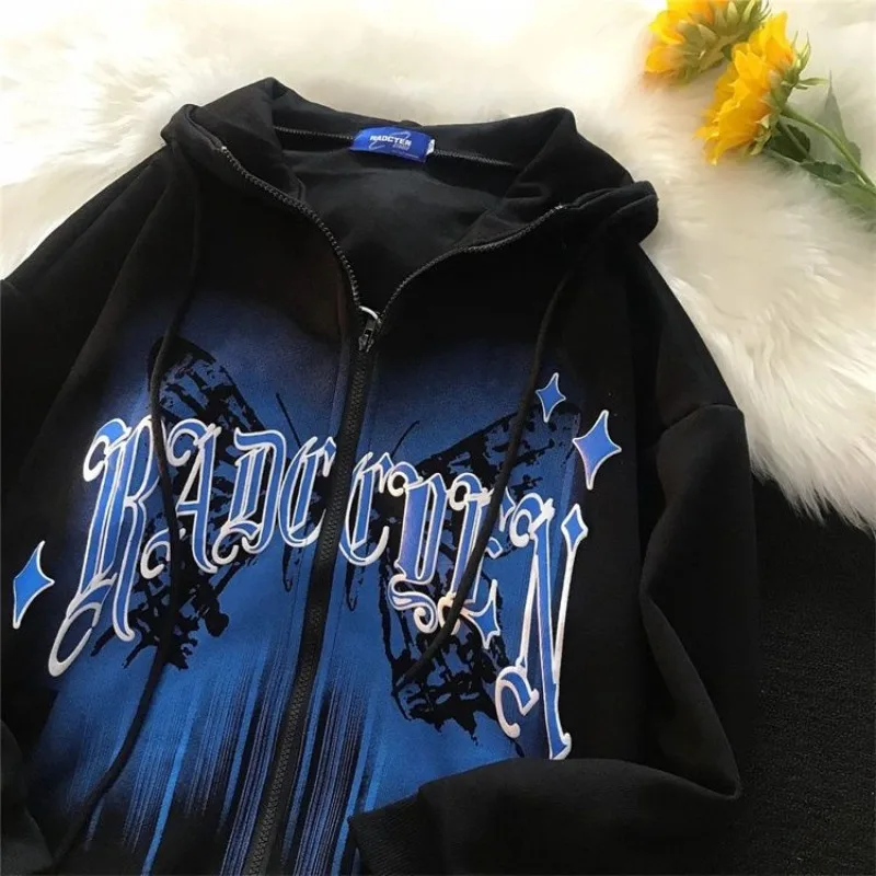 

Korean Commute Spring Autumn New Sweatshirts Women's Hooded Long Sleeve Printed Loose Versatile Streetwear Zipper Hoodies Coats