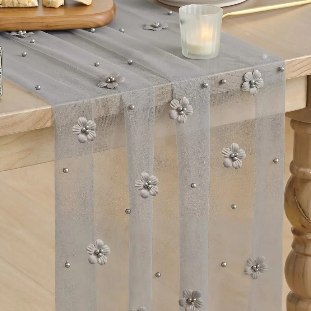 3D Flower Pearl Table Runner Semi-Transparent Multi-color Wedding Table Runner Romantic Vintage Tulle Table Runner Bridal Shower
