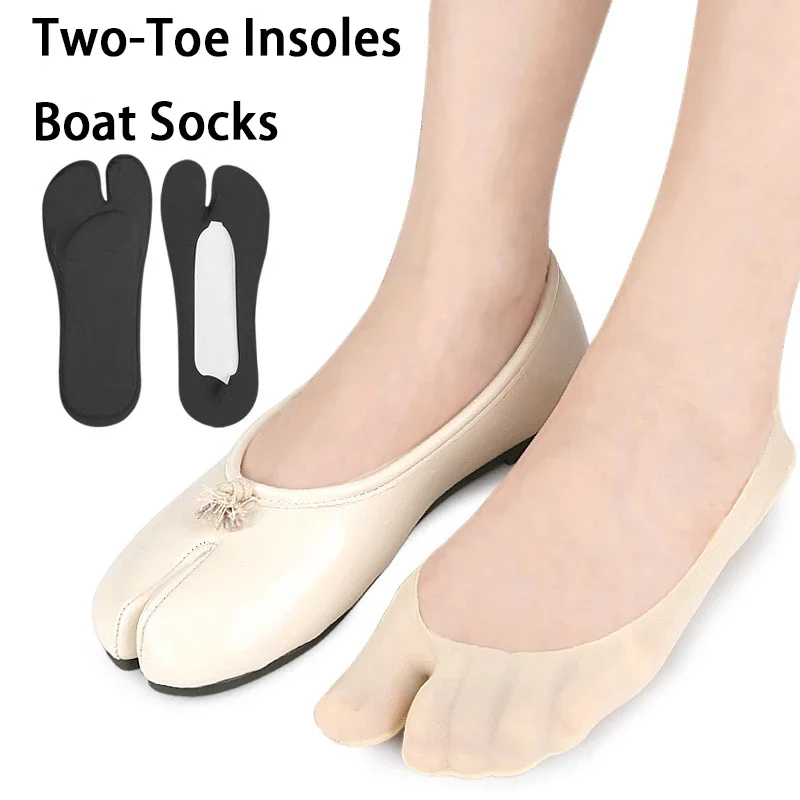 1Pair/2Pair New Women Two Finger Split Toe Invisible No Show Boat Socks Anti Slip Hidden Liner Socks for Split Toe Shoes Insoles