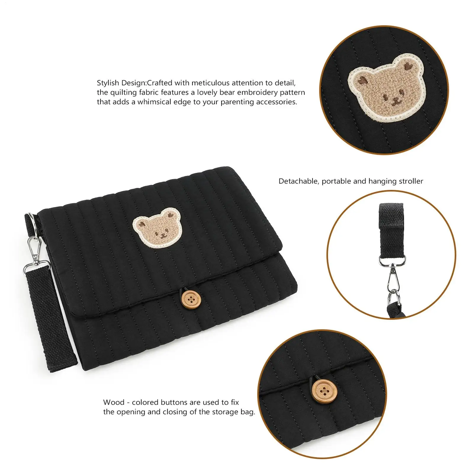 おむつポーチ-クマの刺繍入り-折りたたみ式オーガナイザー-ベビーカーストラップ付き-複数のポケット付き-おむつ財布-ママ用-男の子-女の子-お父さん用-ロード用