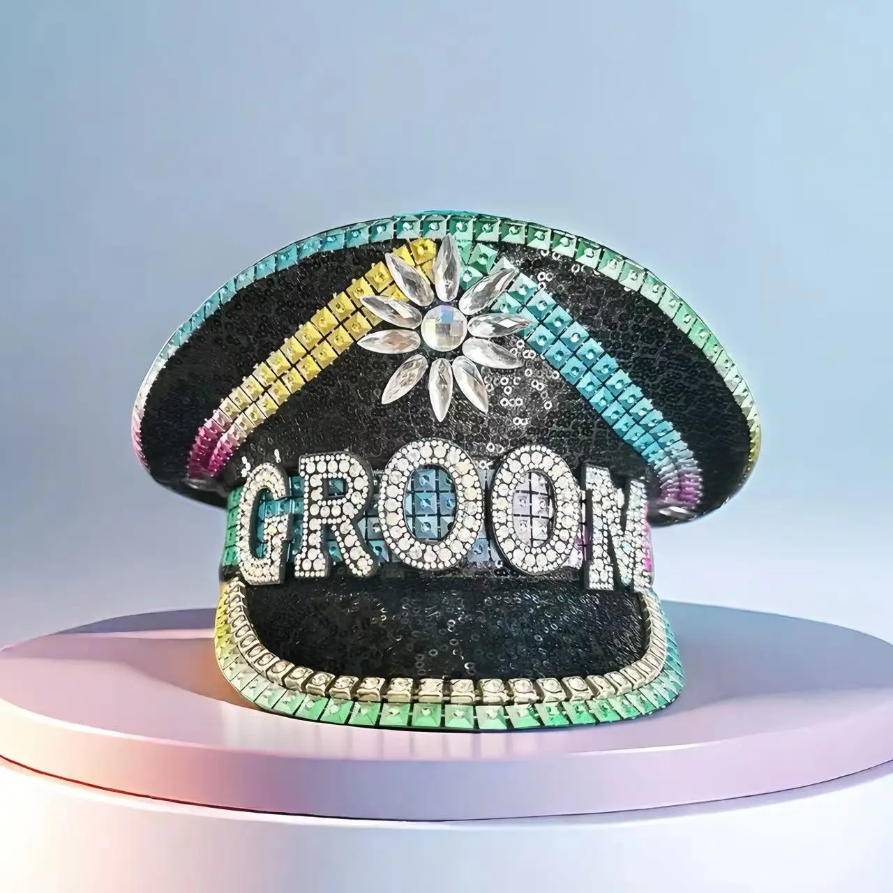 

HongLuan hats men a colorful patterned groom letter delicate rhinestone sequin Military caps suitable for the groom's top hat