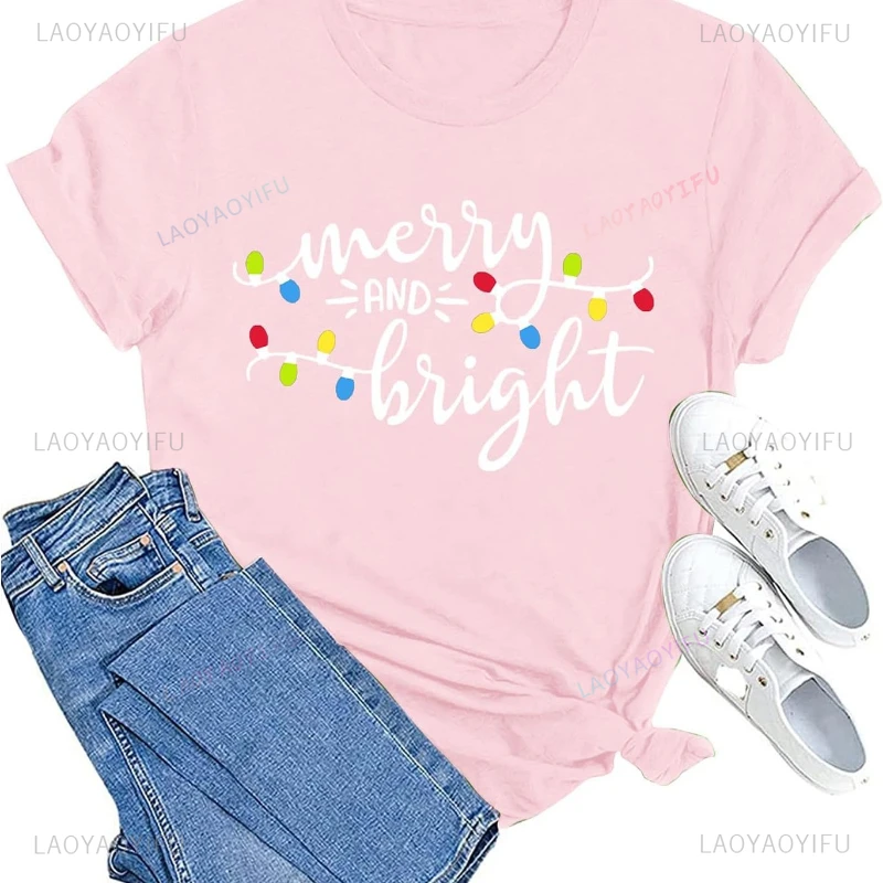 Funny Christmas Shirt Women Merry and Trendy Shirt Xmas Holiday T Shirt Christmas Lights Tees Tops Pure Cotton Round Collar Tee