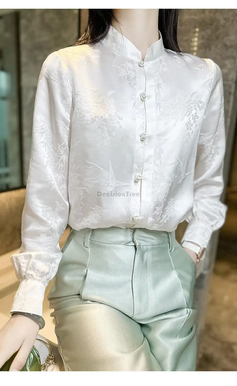 2024 new chinese style bamboo bird white oriental lady top autumn standing collar han element vintage shirt tang suit satin top