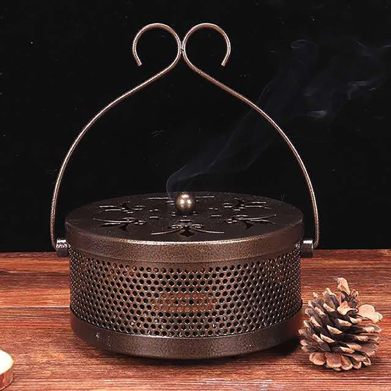 Mosquito Coil Holder Classical Design Portable Metal Incense Holder with Hooks Handle, Round Iron Mosquito Incense Burner