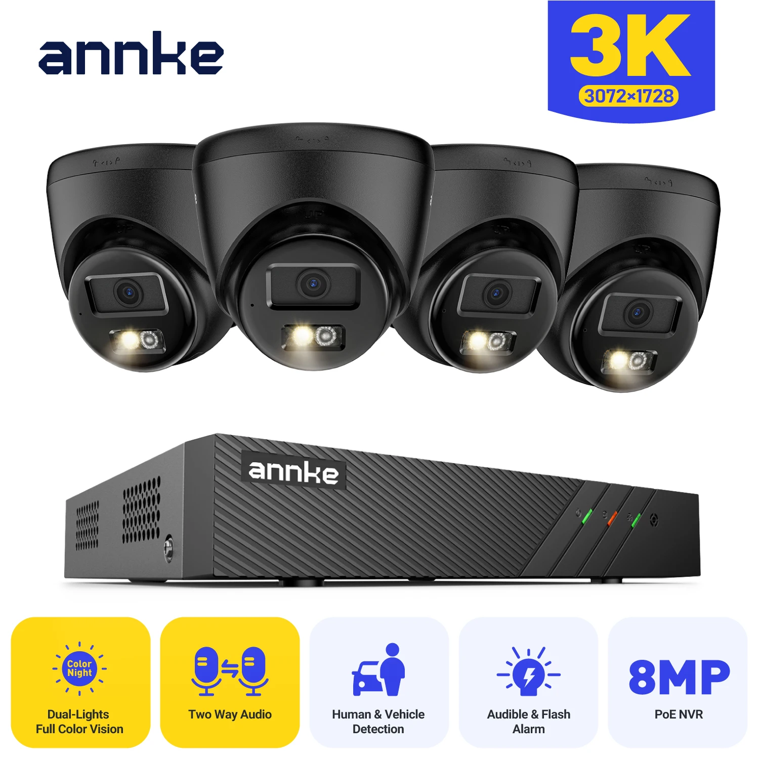 ANNKE H500P Telecamera di Sicurezza POE Ultra HD 3K H.265+ NVR 8CH 4K con Telecamera a Colori con Visione Notturna 5MP 2.8MM 123° ° Sistema di Sicur