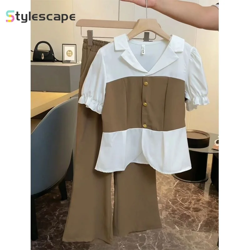 

Fashionable Women's Summer New Design with a Sense of Niche, Western-style Splicing, Fake Two-piece Shirt and Pants Set