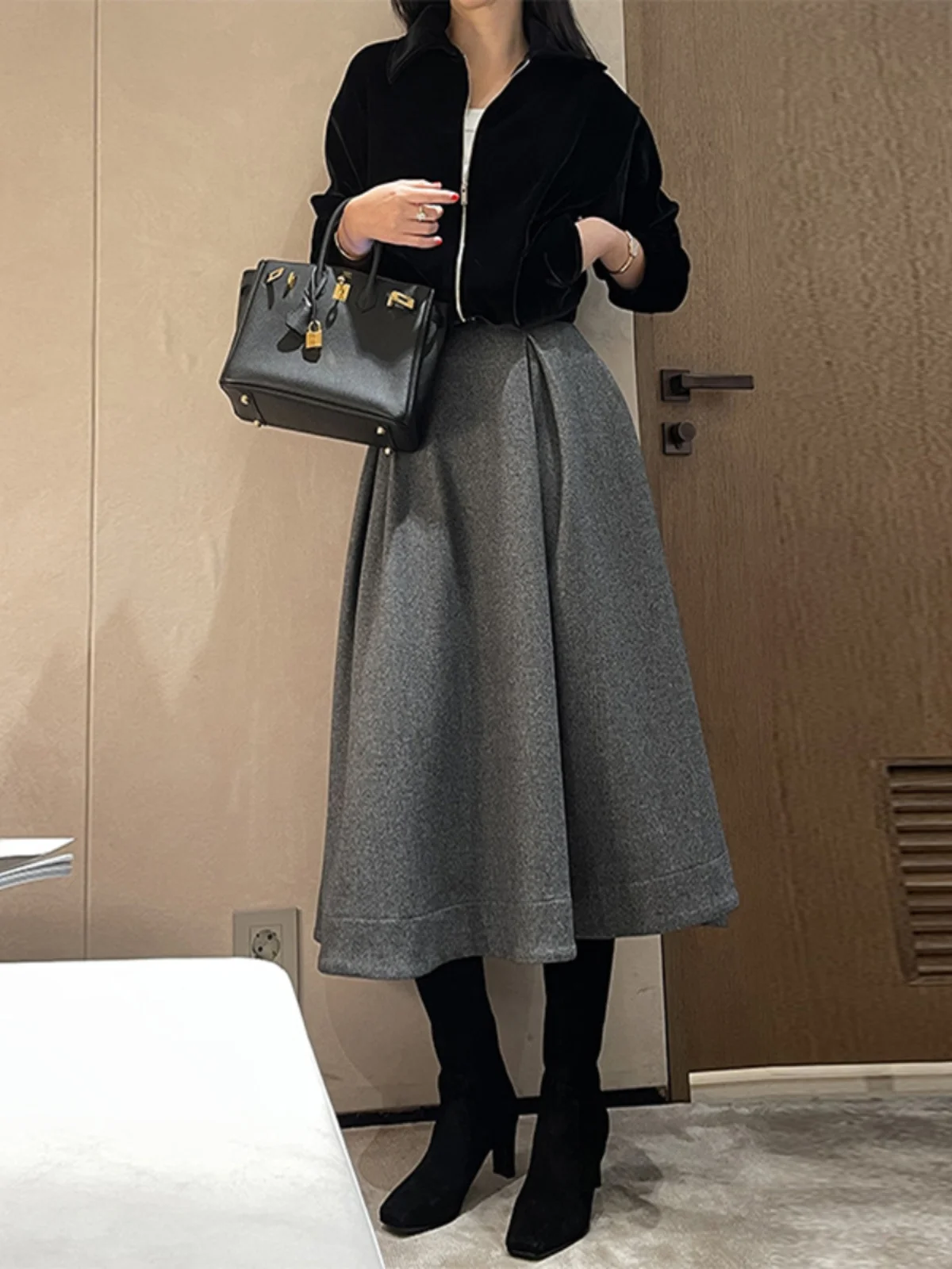 

Юбка А-силуэта с высокой талией, женская, осенне-зимняя, новая, шерстяная, плиссированная, с запахом, маленький размер, для повседневной носки, для работы