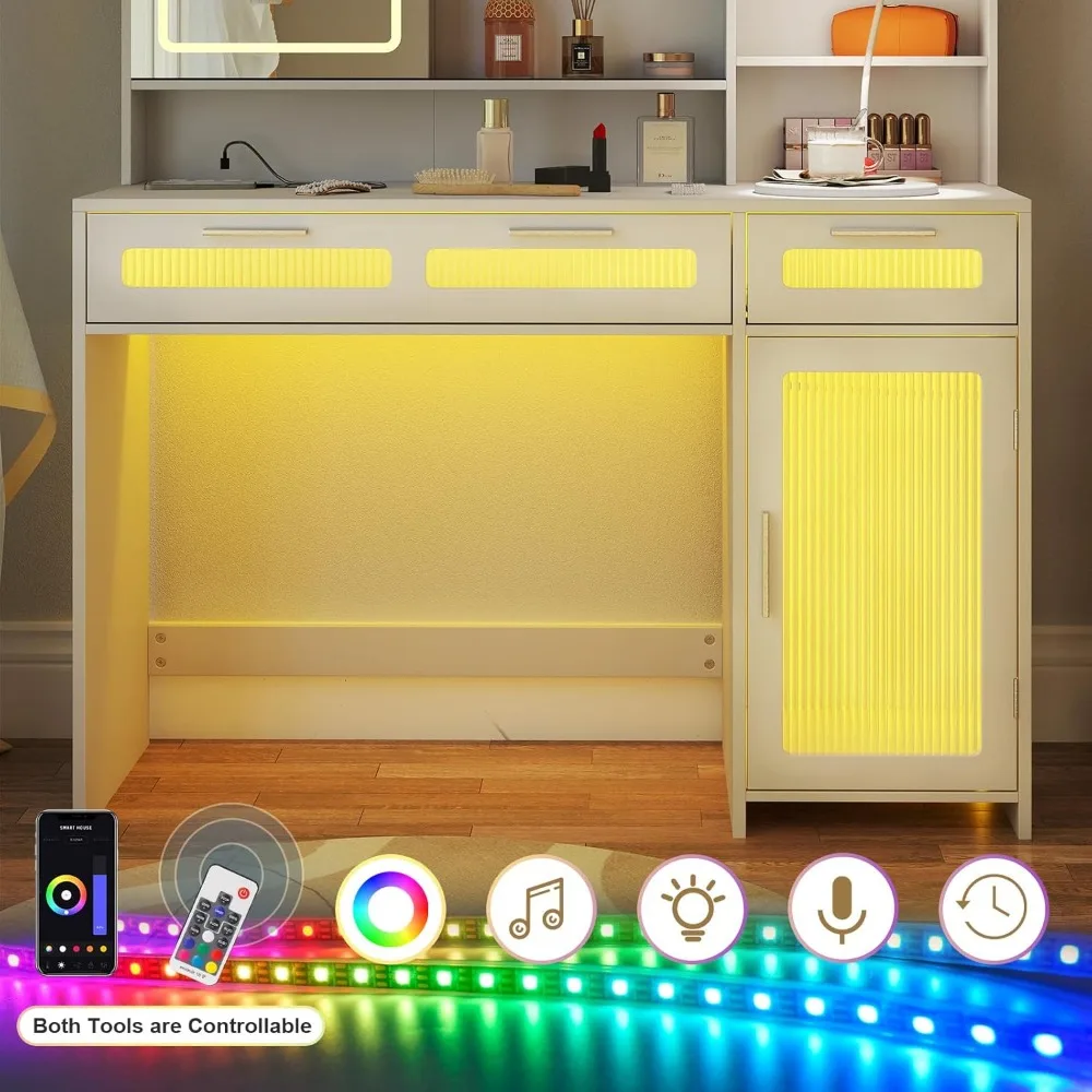 Biała toaletka z lustrem i oświetleniem, toaletka LED z gniazdem elektrycznym, toaletka do makijażu z 2 szufladami, 10 półek do przechowywania