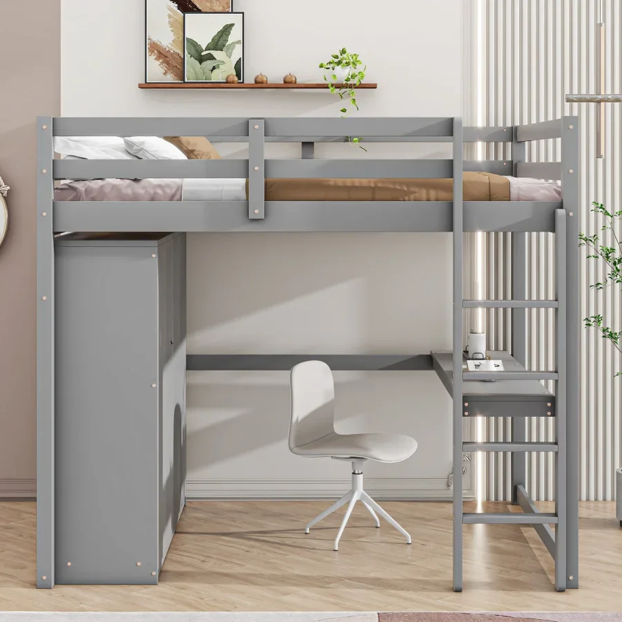 Desk Design Large Space Wood Full Size Loft Bed with Built-in Wardrobe, Desk, Storage Shelves and Drawers, White/Gray